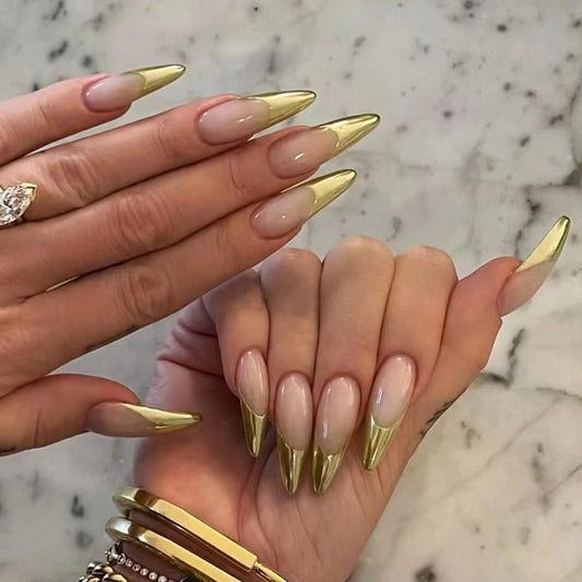 Full Dagger Long Stiletto Gold French Tips Press On Nails
