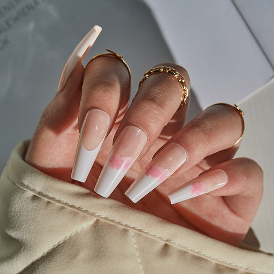 Perfect Example Long Coffin White French Tips Press On Nails