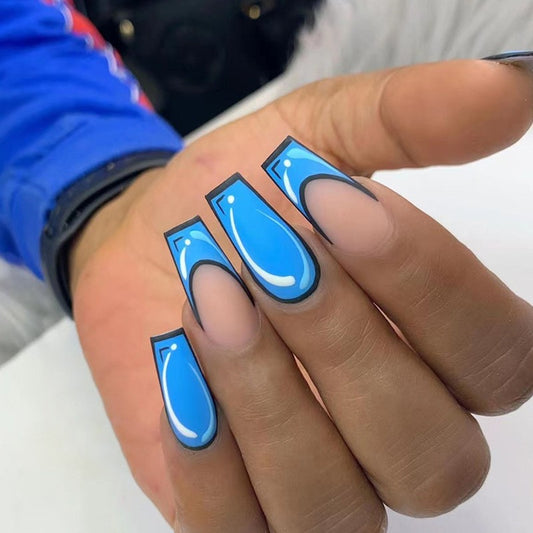 Drawn On Medium Coffin Blue Cartoon Press On Nails