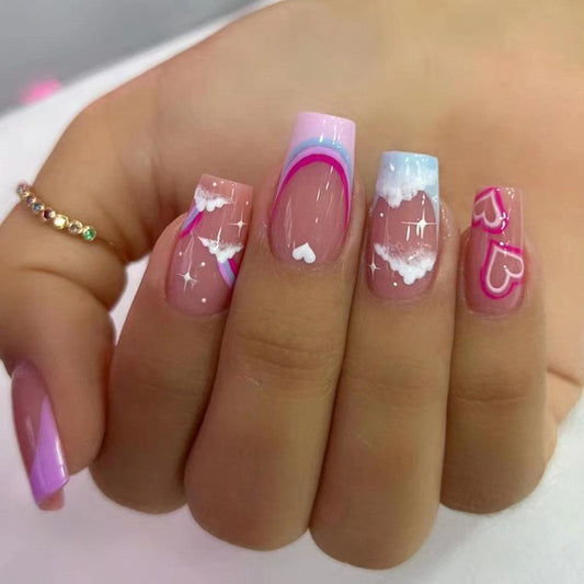 Rainbows In The Sky Medium Square Pink Cute Press On Nails