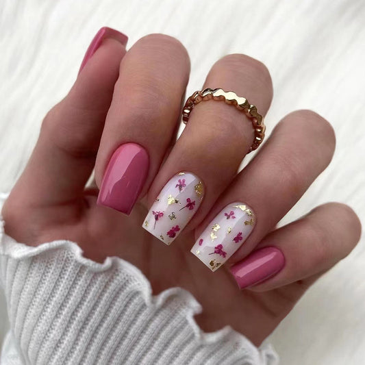 Growing Beauty Medium Square Pink Floral Press On Nails