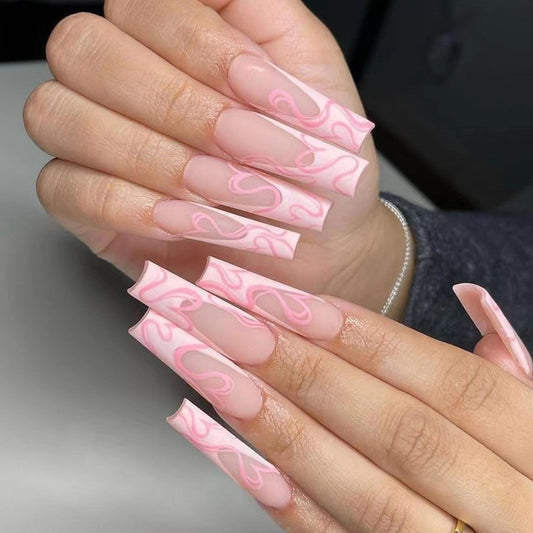 Honey Baby Darling Long Coffin Pink Hearts Press On Nails