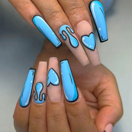 Drawn on Long Coffin Blue Cartoon Press On Nails