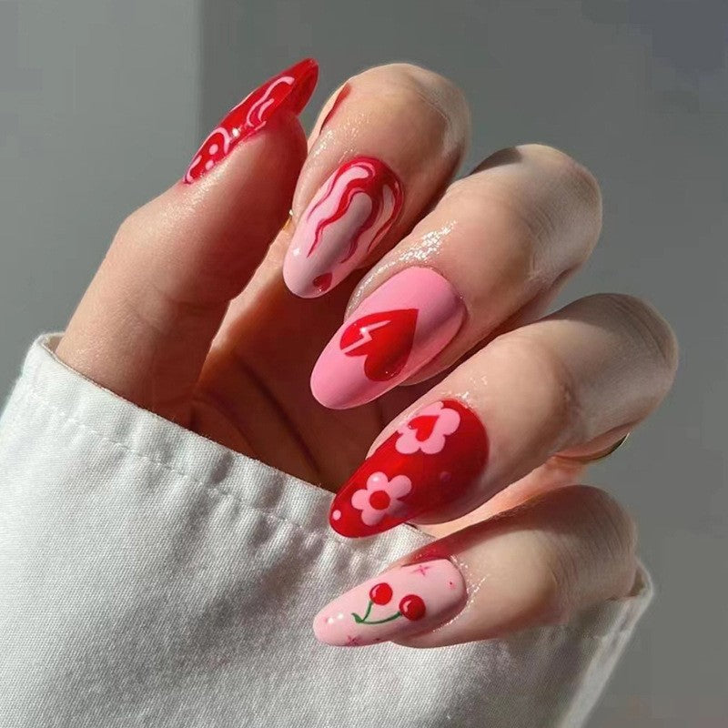 Cherry Love Letter Medium Oval Pink Cute Press On Nails