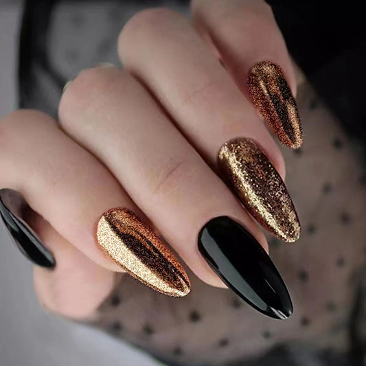 Around The Phrase Long Almond Gold Glitter Press On Nails