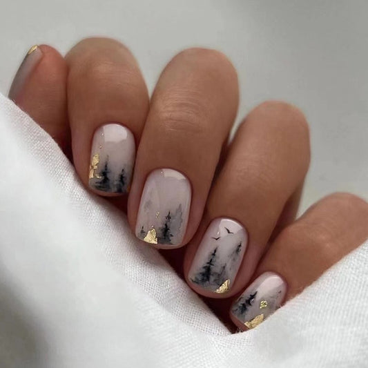 Smoky Woods Short Squoval Gray Abstract Press On Nails