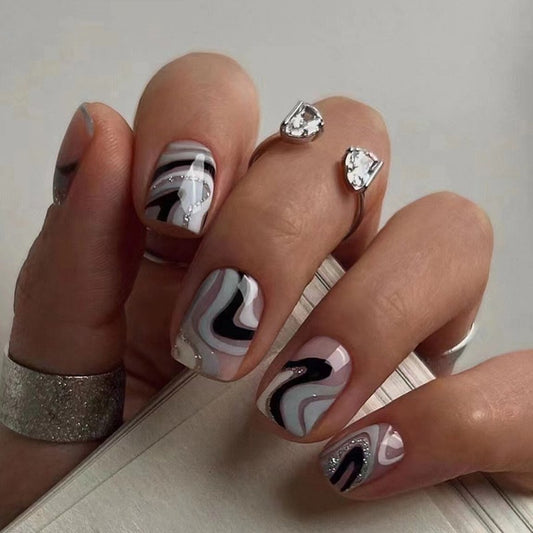 Dark Winds Short Square Gray Groovy Press On Nails