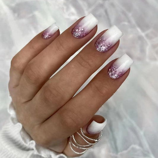 Hangout Medium Square White Glitter Press On Nails