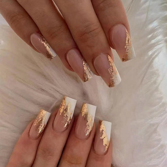 Worldly Medium Square Gold Glitter Press On Nails