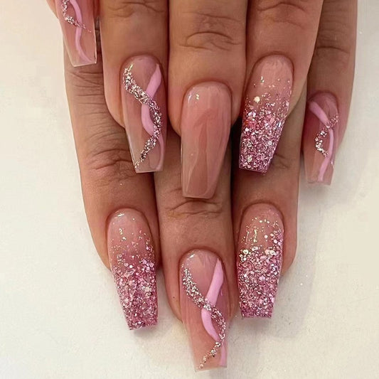 Insightful Medium Coffin Pink Glitter Press On Nails
