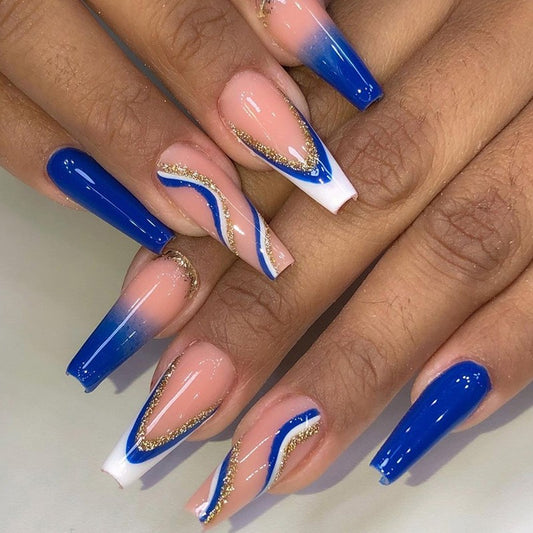Dedicated Long Coffin Blue French Tips Press On Nails