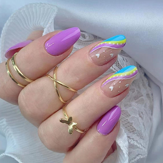 Crazy Rainbow Road Medium Oval Purple Cute Press On Nails