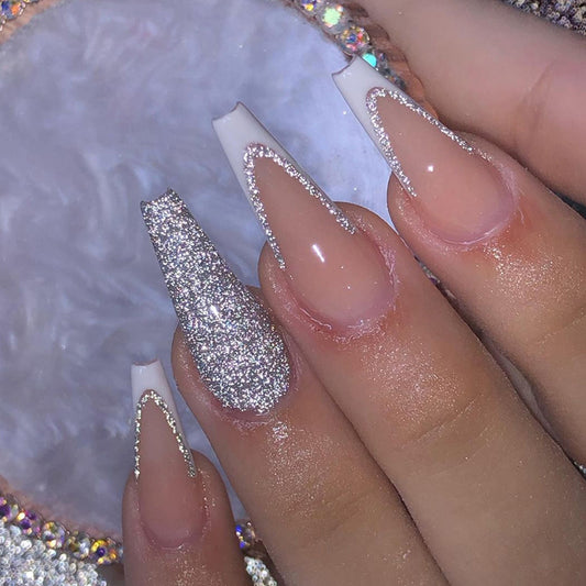 Exposed Long Coffin Silver Glitter Press On Nails