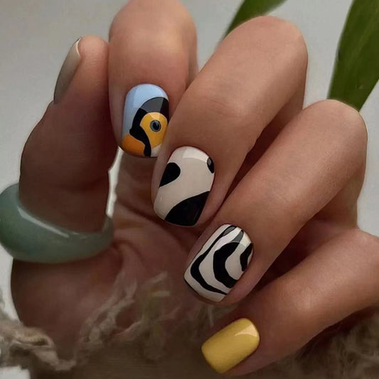 Dali Short Squoval Black Abstract Press On Nails