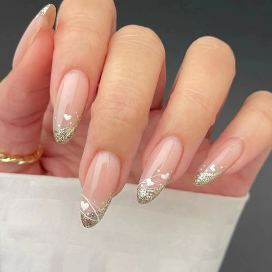 Genuine Long Almond Gold Glitter Press On Nails