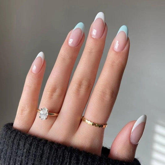 Preportioned Class Medium Oval Blue French Tips Press On Nails