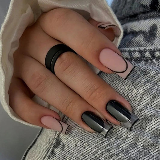 On A Rant Medium Square Black French Tips Press On Nails
