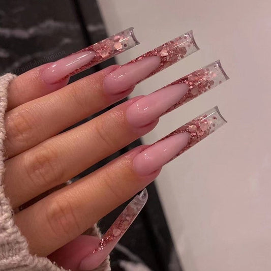 And So What Long Square Pink Glitter Press On Nails
