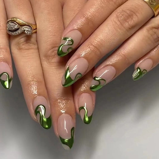 Stadium Waves Medium Oval Green Groovy Press On Nails
