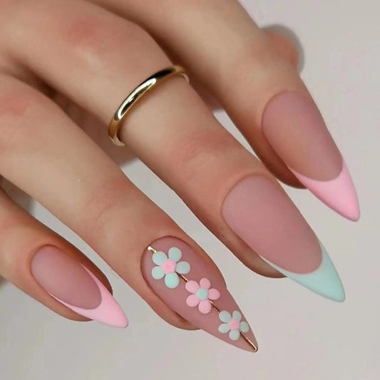 Meadow Walk Long Almond Pink Floral Press On Nails