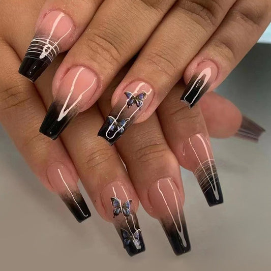Call Me Long Coffin Black Butterfly Press On Nails