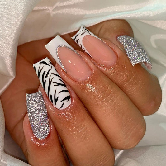Rushing Around Medium Coffin White Animal Pattern Press On Nails