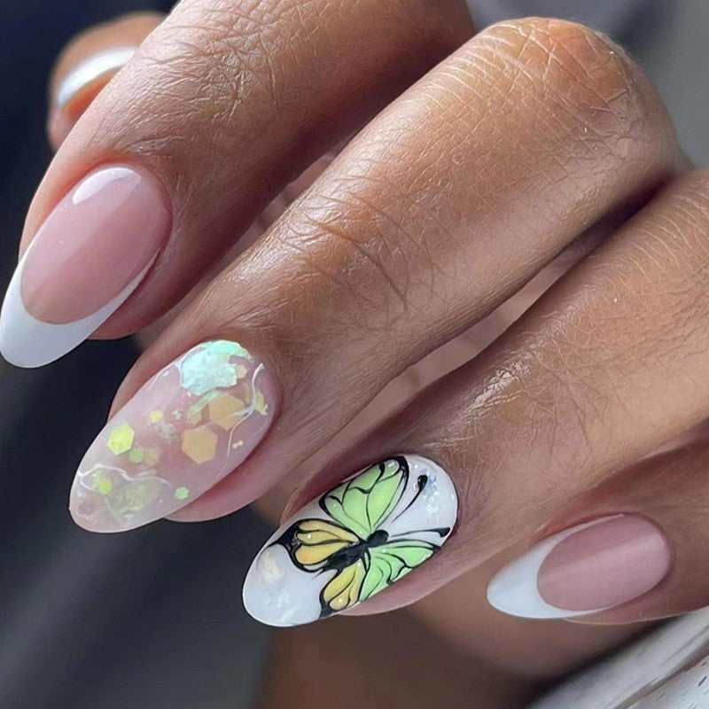 Migration Short Oval White Butterfly Press On Nails