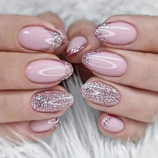 Comfortable Hot Short Oval Pink Glitter Press On Nails