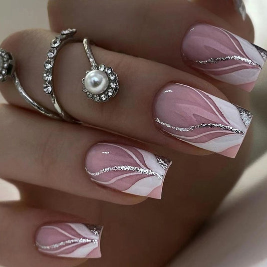 On Track Medium Square Pink Marble Press On Nails