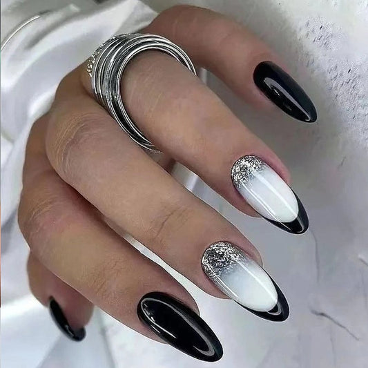 Believed In You Medium Oval Black French Tips Press On Nails