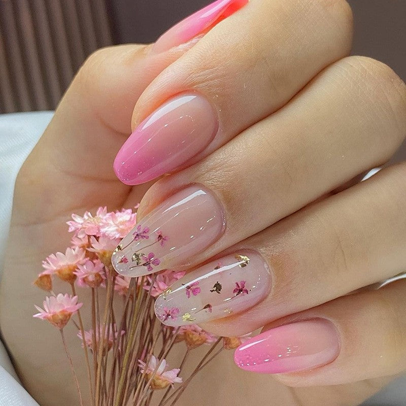 Meadow Bliss Medium Almond Pink Floral Press On Nails
