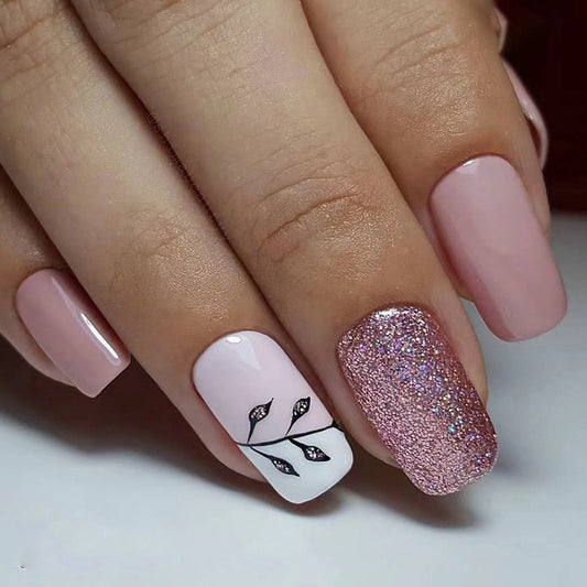 Talk About It Medium Squoval Pink Glitter Press On Nails