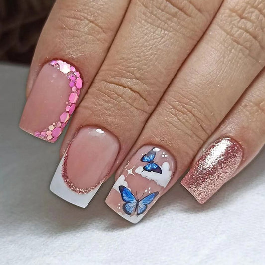 Public Figure Medium Square Pink Butterfly Press On Nails