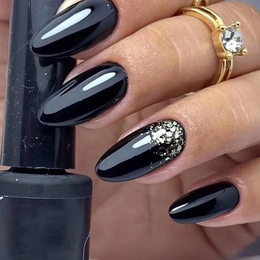 Dark Serum Medium Oval Black Glossy Press On Nails