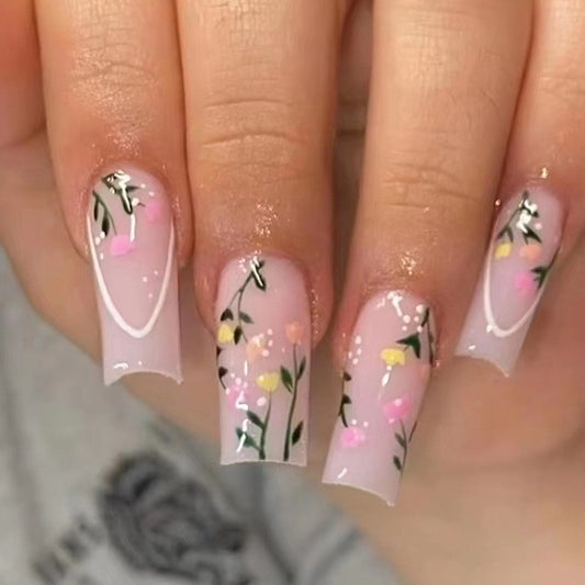 Not Nervous Long Square Pink Floral Press On Nails