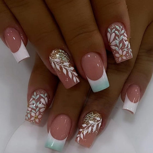 Deep Feelings Medium Square White Floral Press On Nails