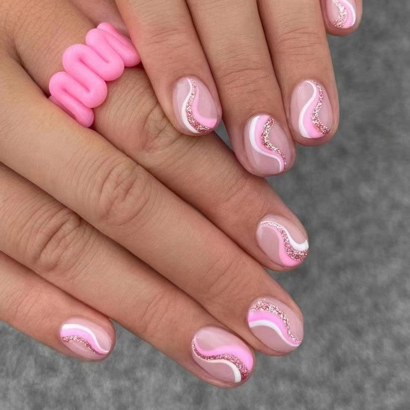 Right Direction Short Oval Pink Marble Press On Nails