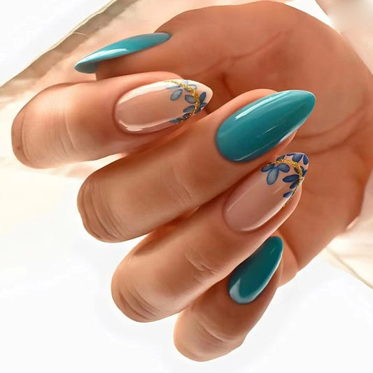 Goals Medium Almond Blue Floral Press On Nails