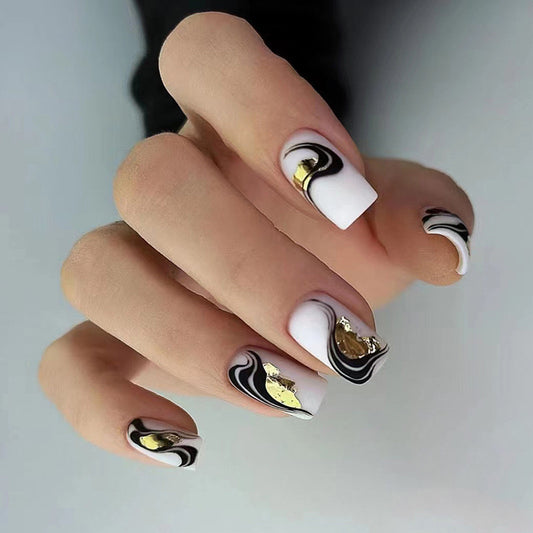 Face Backwards Medium Square White Marble Press On Nails