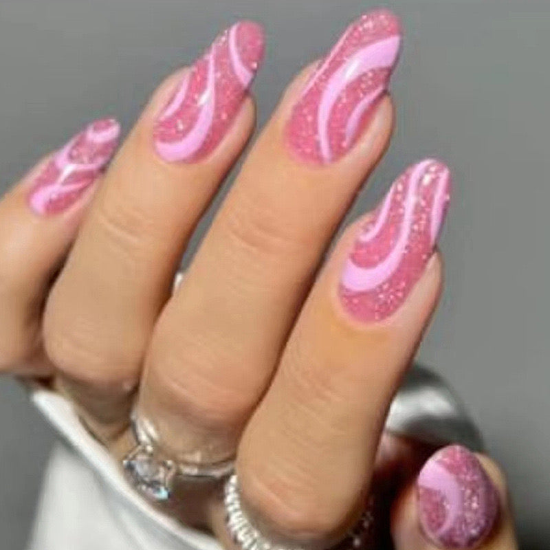 The Swirls Goddess Medium Oval Pink Marble Press On Nails