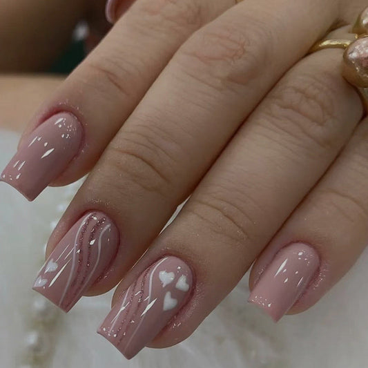 Business Class Medium Square Pink Hearts Press On Nails