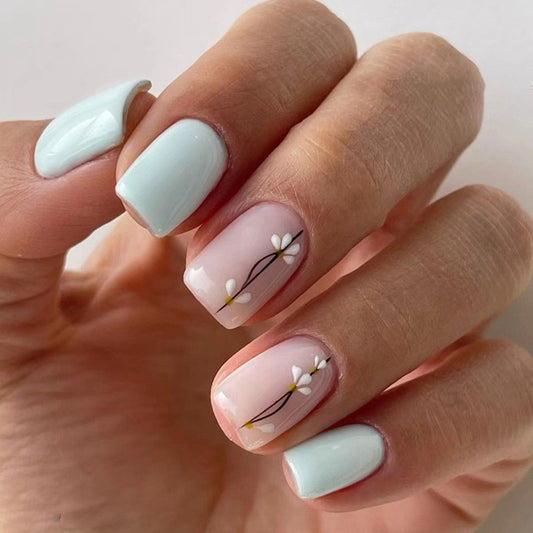 Slow Short Square Pink Floral Press On Nails