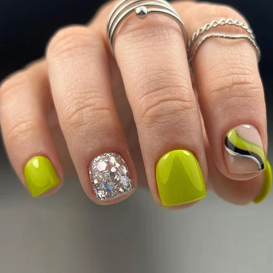 Spoiled Good Short Square Green Glam Press On Nails