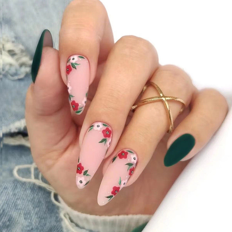Sure About The Love Long Oval Beige Floral Press On Nails