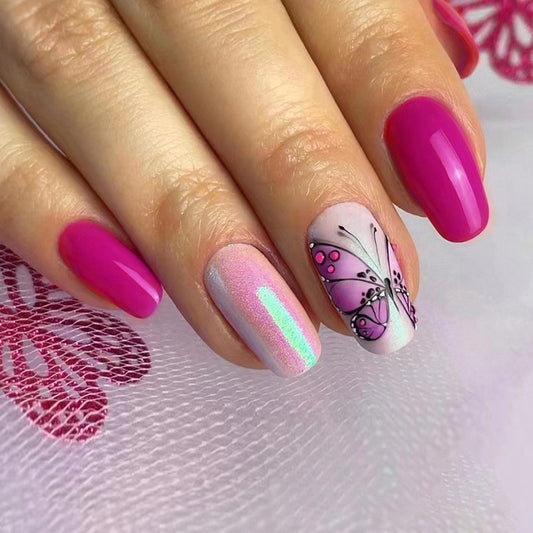 Stretch It Out Medium Squoval Pink Butterfly Press On Nails
