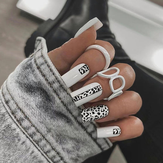 Favorite Predator Long Square White Leopard Press On Nails