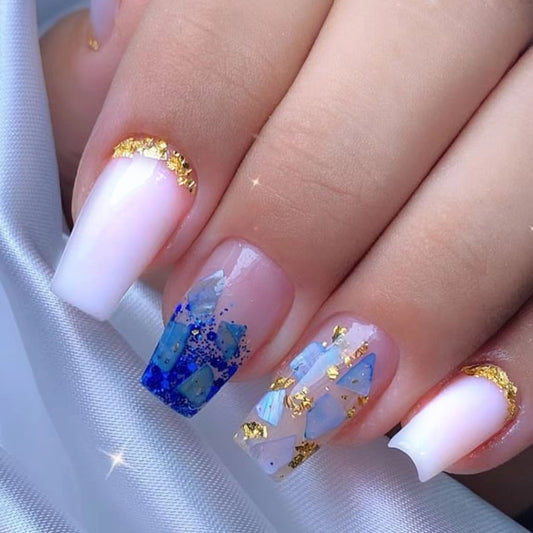 Golden Foil Medium Square Blue Marble Press On Nails