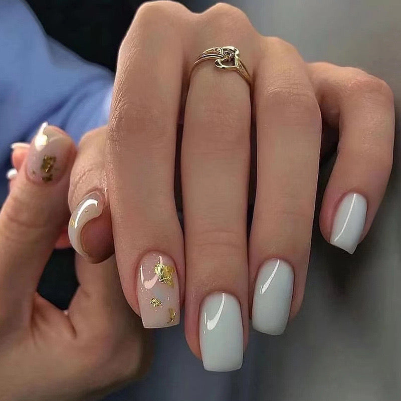 Gold Foil Accent Medium Square White Glossy Press On Nails