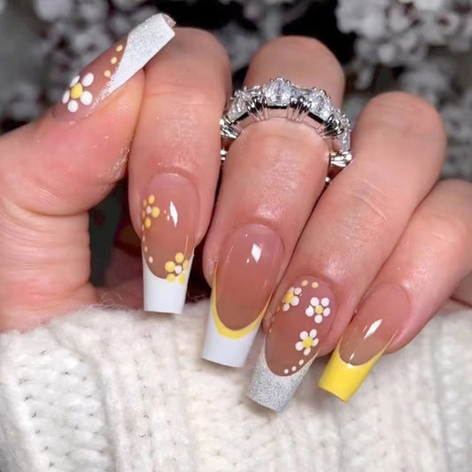 Garden Store Long Coffin Yellow Floral Press On Nails