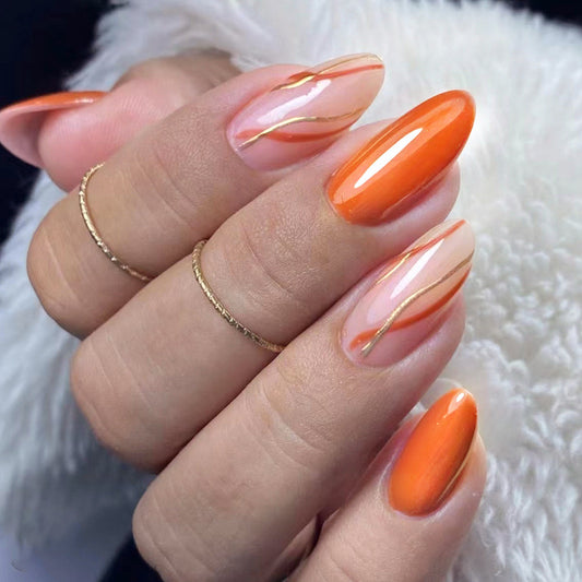 Never Lonely Medium Oval Orange Marble Press On Nails
